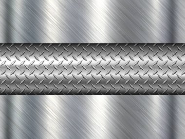 Gümüş cilalı çelik dokusu arka plan, parlak krom metalik fırçalanmış metal ve elmas plaka dokusu, 3D vektör parlak metal tasarımı.