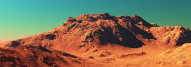 Mars gezegeni manzarası, hayali Mars gezegeninin 3D görüntüsü, portakal aşınmış çöl dağları, gerçekçi bilim kurgu illüstrasyonu.