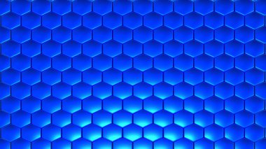 Mavi altıgenler 3 boyutlu geometrik arkaplan, parlak metalik bal peteği deseni, 3 boyutlu görüntüleme teknolojisi.