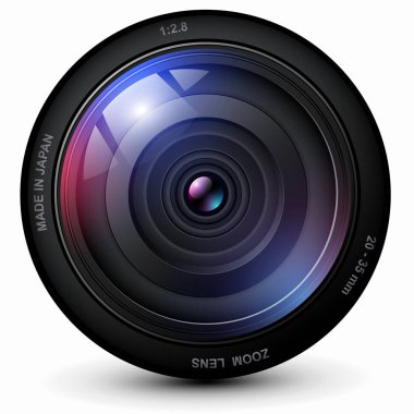 Camera photo lens 3D icon, realistic technology symbol design, vector illustration.