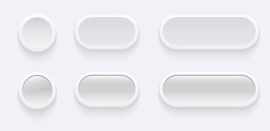 Kullanıcı arayüzü için beyaz düğmeler, mobil, web, sosyal medya, iş için basit beyaz gri 3D modern tasarım. Asgari biçim UI simgeleri seti, vektör illüstrasyonu.