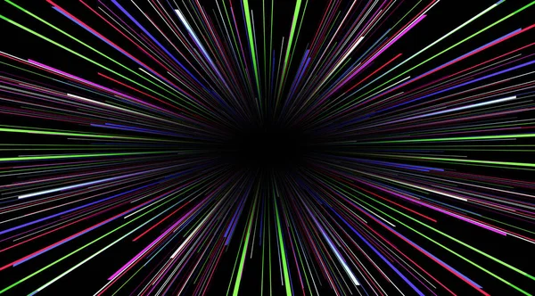 背景动态3D爆裂线 霓虹灯在黑色 宇宙速度概念 动态超空间曲调3D科幻矢量图解上的发光色彩 — 图库矢量图片