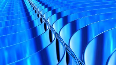 Blue metallic background, shiny chrome striped 3D metal abstract background, technology lustrous 3D render illustration.