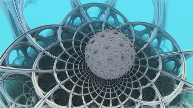 Abstract fantastic white blue constructions and structures, ancient civilization fictional background, 3D sci fi render illustration.