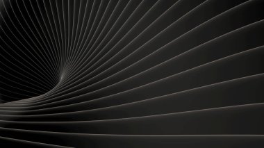Siyah arkaplan çizgileri 3D dalgalı desen, zarif soyut çizgili desen, ilginç spiral mimari minimal koyu gri arkaplan, 3D resimleme.