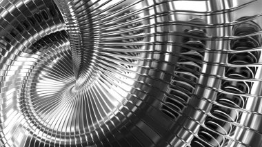 Gümüş metalik arkaplan, 3 boyutlu parlak krom metal çizgili ve dalgalı spiral desenli, modern tasarım arkaplan, 3 boyutlu resimleme