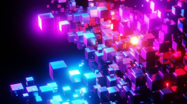 Soyut arkaplan 3D, siyah ilginç bilim teknolojisi arka planında neon mavisi parlayan pek çok küp, 3D çizim.
