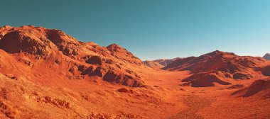 Mars gezegeni manzarası, hayali Mars gezegeninin 3D görüntüsü, dramatik gökyüzü ile aşınmış portakal rengi çöl, gerçekçi bilim kurgu illüstrasyonu.