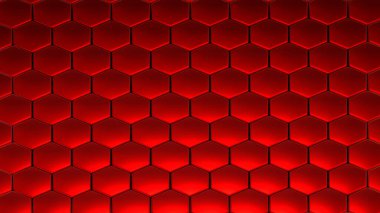 Kırmızı altıgenler 3 boyutlu geometrik arkaplan, parlak metalik bal peteği deseni, 3 boyutlu görüntüleme teknolojisi.