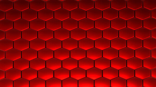 Red hexagons 3D geometric background, shiny metallic honeycomb pattern, 3d render technology backdrop illustration.