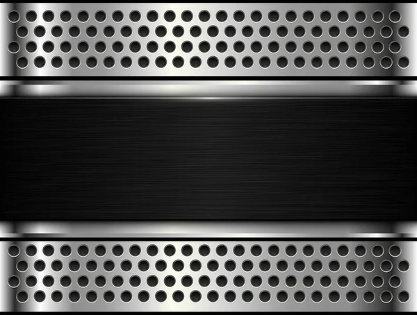 シルバーブラックの背景 シルバーグレーの穴パターン上のダークブラシ付きメタルバナー 3Dテクスチャベクトルイラスト — ストックベクタ