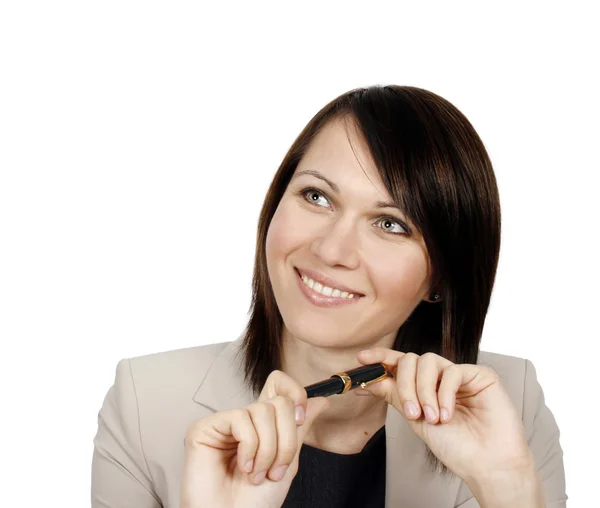 Empresária segurando uma caneta — Fotografia de Stock