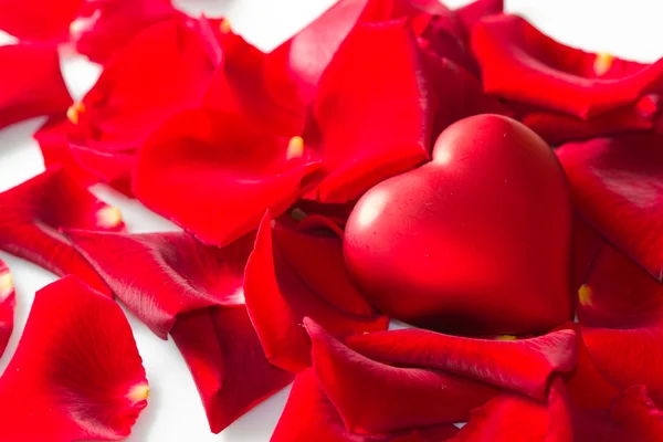 Pétalos de rosa roja con corazón — Foto de Stock