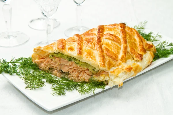 Traditional salmon in puff pastry — Stock Photo, Image