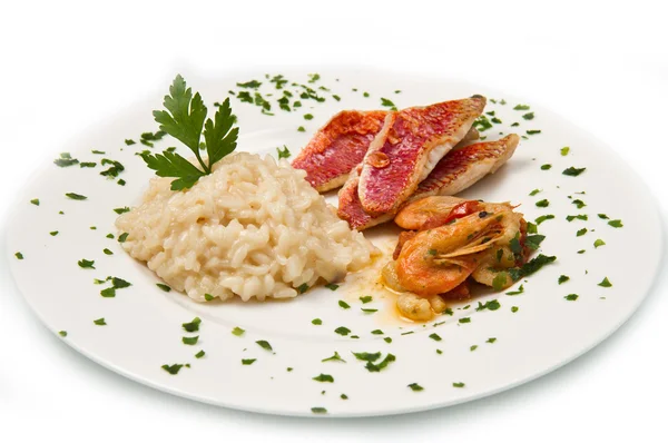 White dish with rice and red mullet fillet — Stock Photo, Image