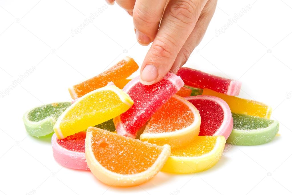 Colorful fruit jelly candies isolated on white — Stock Photo