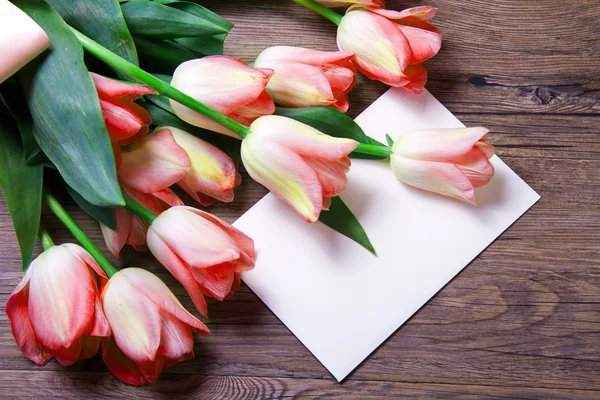 Pink tulips and card — Stock Photo, Image