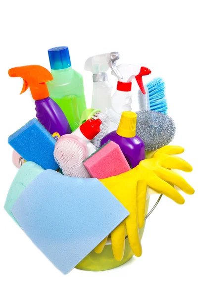 Full box of cleaning supplies and gloves isolated on white — Stock Photo, Image