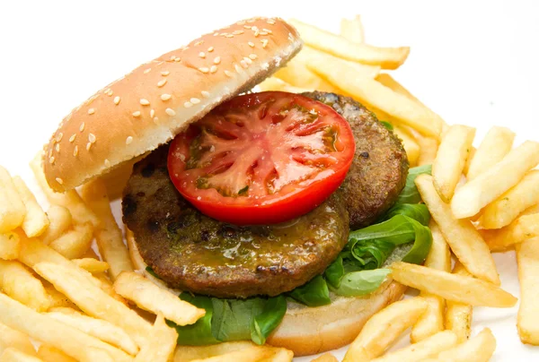 Hamburger bun with fries — Stock Photo, Image