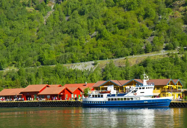 Vesnice a výhledem na moře na horách ve fjordu, Norsko — Stock fotografie
