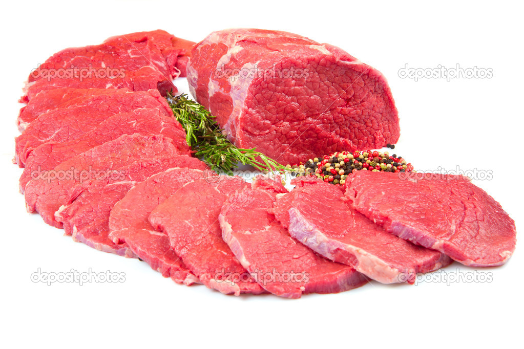 huge red meat chunk and steak isolated over white background