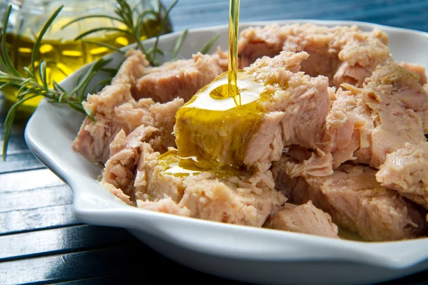 Tuna fish in oil, canned food. — Stock Photo, Image