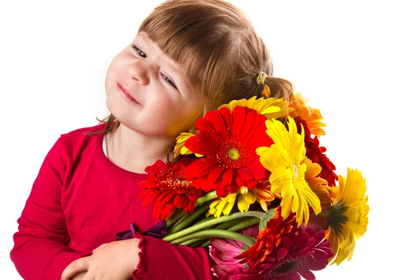 Niedliches kleines Mädchen mit Gerbera-Blumen Strauß — Stockfoto