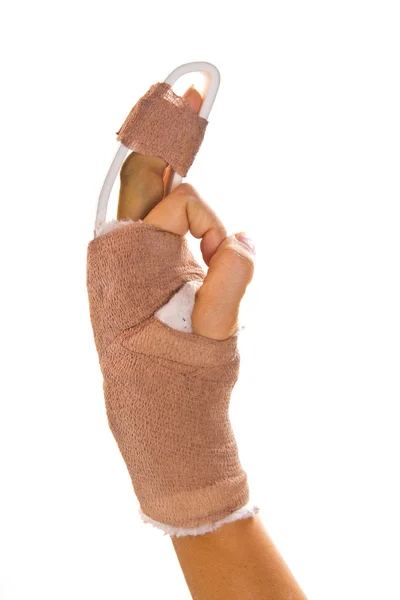 Hand with a splint on the middle finger — Stock Photo, Image