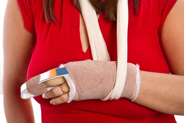 Hand with a splint on the middle finger — Stock Photo, Image