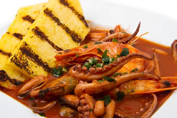 Fish soup with grilled polenta on white dish — Stock Photo, Image