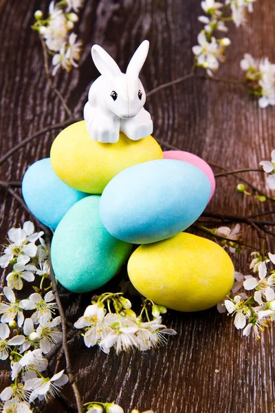 Ostereier mit Frühlingsblume auf Holzgrund — Stockfoto