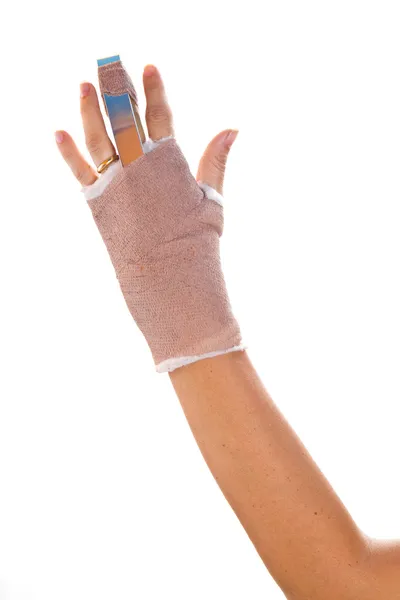 Hand with a splint on the middle finger — Stock Photo, Image