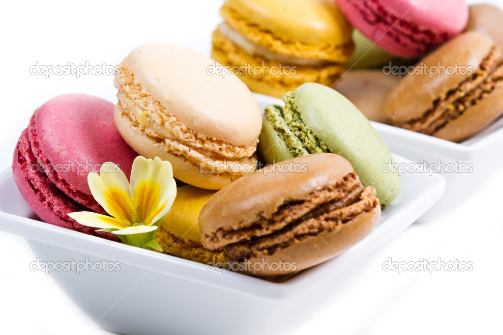 white bowl with colored macaroons