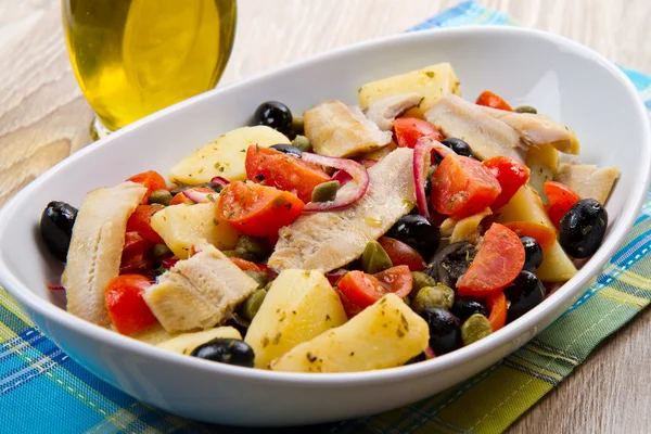 Mackerels with potatoes,tomatoes,capers and olives — Stock Photo, Image