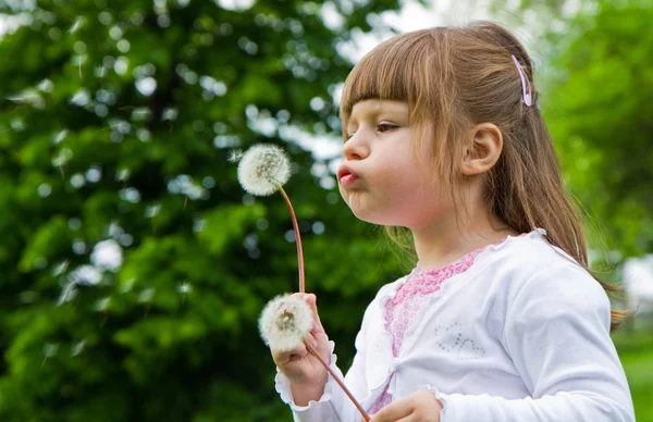 Lovely little blond little girl blowing a dandelion — Stock Photo, Image