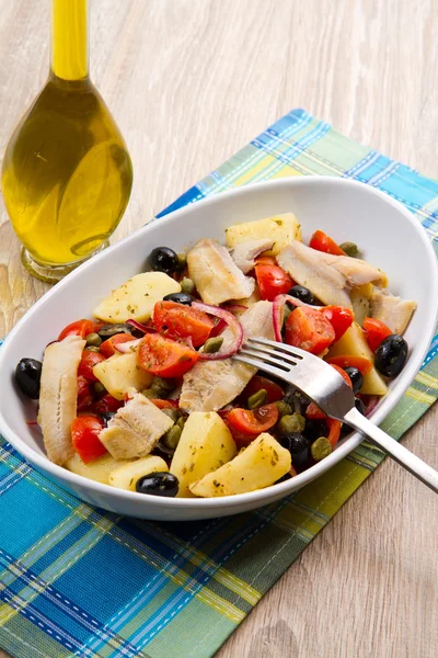 Mackerels with potatoes,tomatoes,capers and olives — Stock Photo, Image