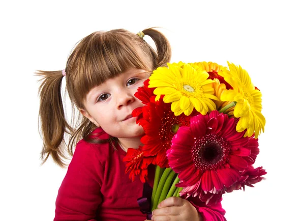 Aranyos kislány gerbera virág csokor — Stock Fotó