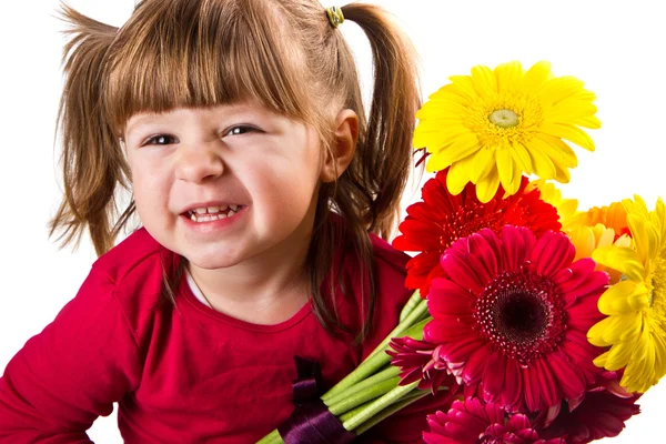 Sevimli küçük kız gerbera çiçekleri buketi ile — Stok fotoğraf