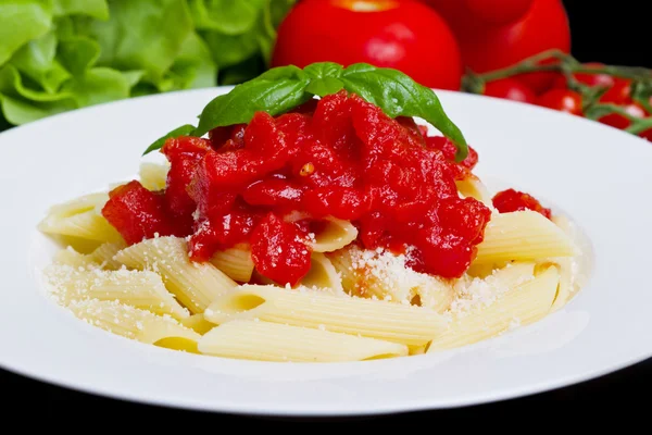 Massa com molho de tomate e manjericão — Fotografia de Stock