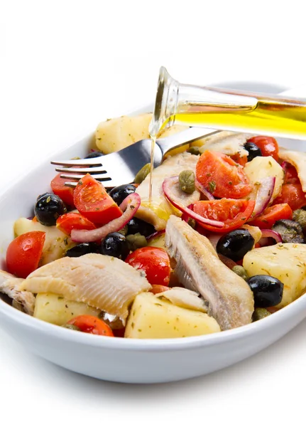 Mackerels with potatoes,tomatoes,capers and olives — Stock Photo, Image