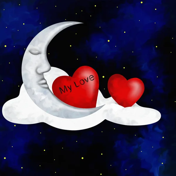 Dos corazones y la luna —  Fotos de Stock