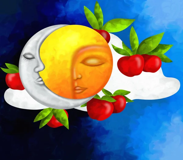 Sun and moon with red apples — Stock Photo, Image