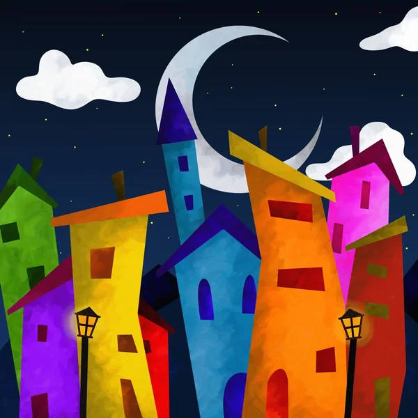 色彩缤纷的房子，在夜间 — 图库照片