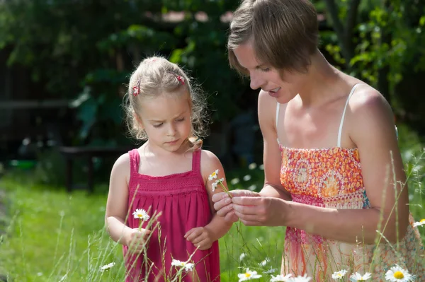 Mother and her little daughter picking flowers in a garden — Stock Photo, Image