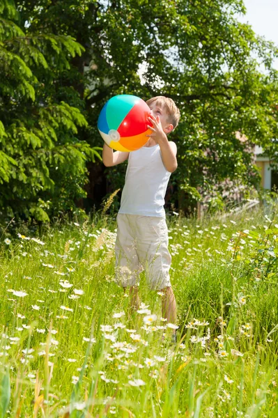 Νεαρό αγόρι που παίζει με μια μπάλα σε έναν κήπο άνθησης Εικόνα Αρχείου