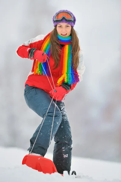 Girl on board in winter time — Stock Photo, Image