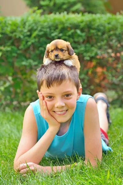 少年は子犬と遊ぶ — ストック写真