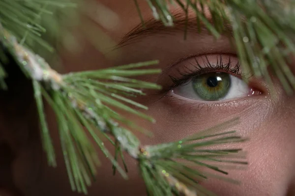 Closeup Young Woman Shadows Pine Tree Her Face — Stock Photo, Image