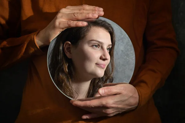 Conceptual Mother Holding Mirror Reflexion Daughter — Stock Photo, Image