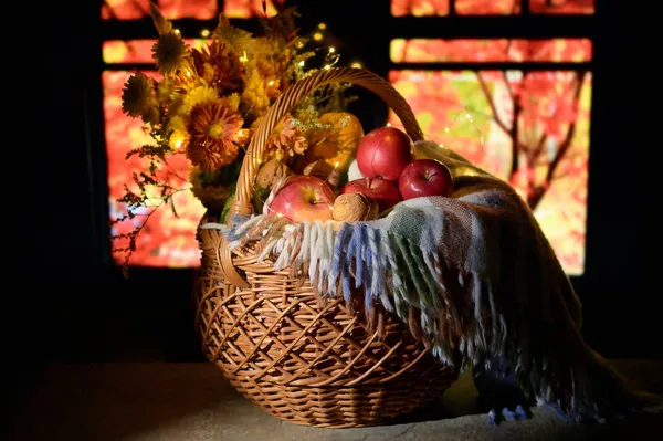 Conceptual Autumn Basket Window Red Trees Background — Stock Photo, Image
